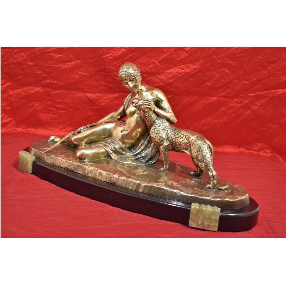 Antique Bronze Sculpture, Woman With Leopard, Signed Charles Charles, French Sculptor, Art Deco.  (Stb30) photo furniture