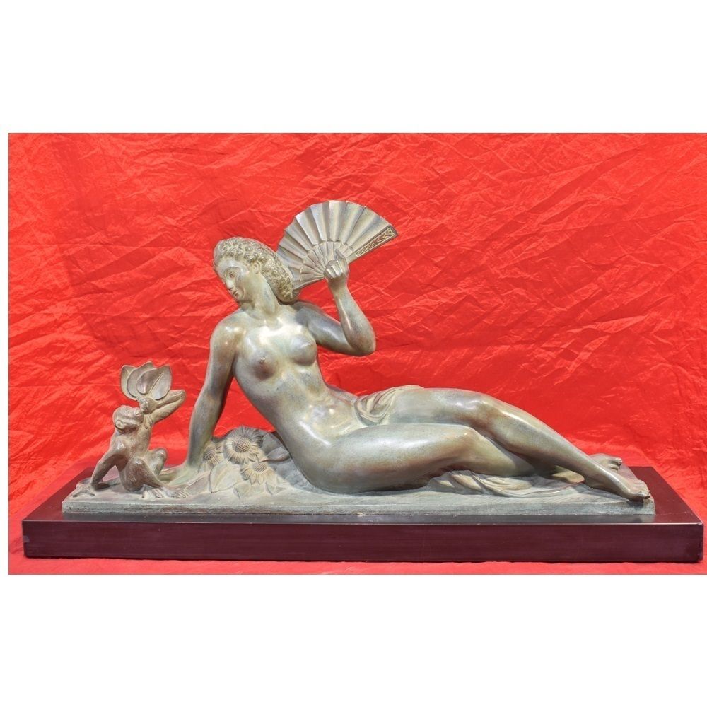 Antique Bronze Sculpture, Woman With Fan, Signed A. Soleau, French Sculptor, Art Deco.  (Stb31)