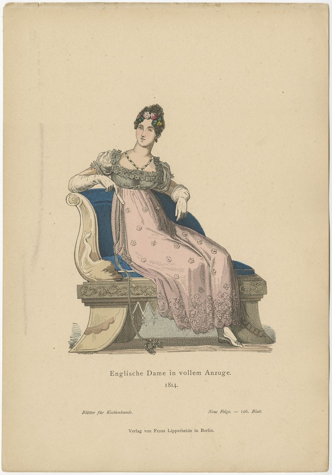 Antique Costume Print Of An English Lady By Lipperheide (C.1880)