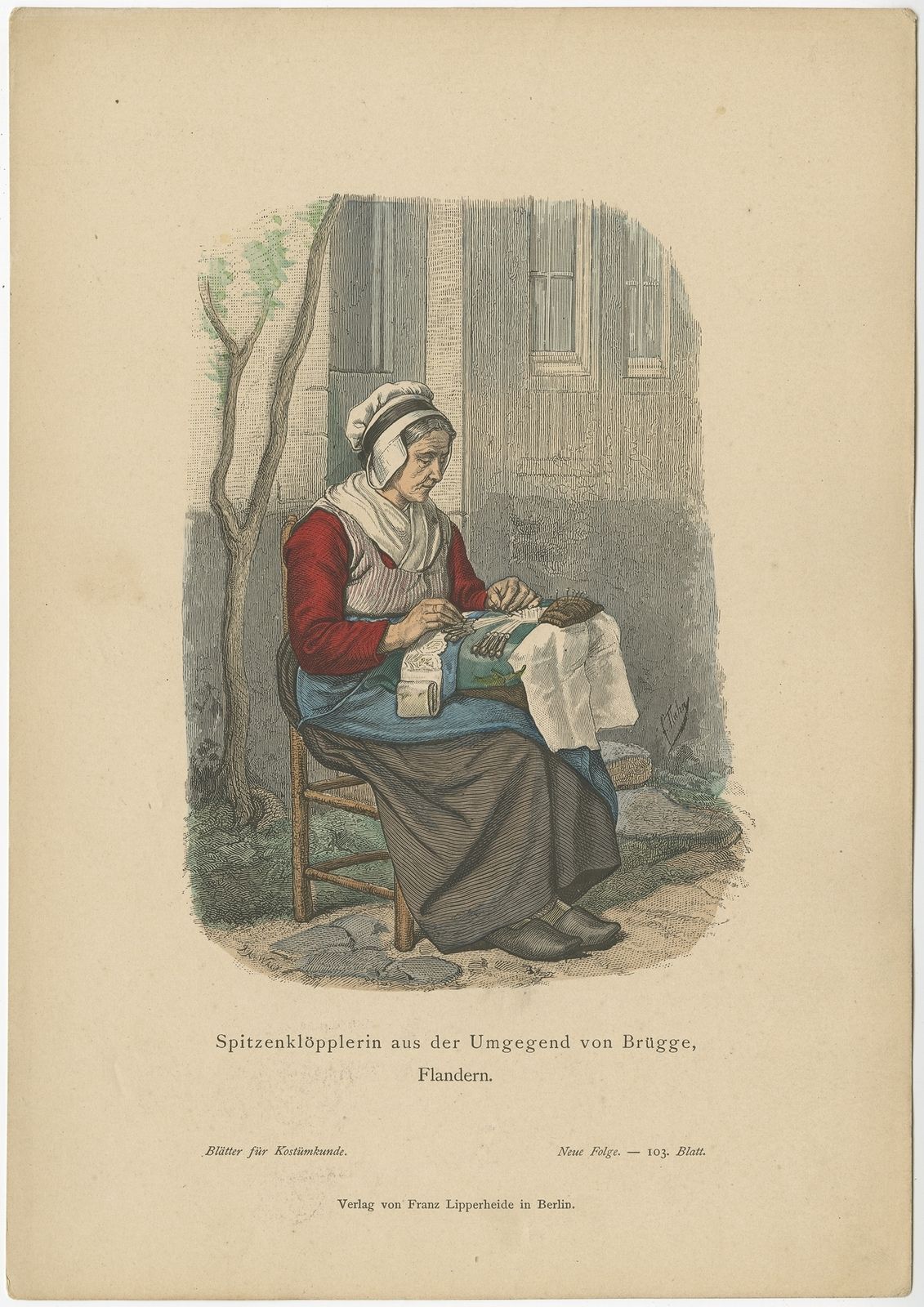 Antique Costume Print Of A Lacemaker From The Region Of Bruges By Lipperheide (C.1880)