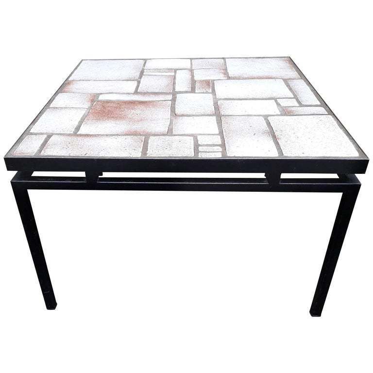 Mid Century White, Beige Ceramic Coffee Table On Painted Metal Base