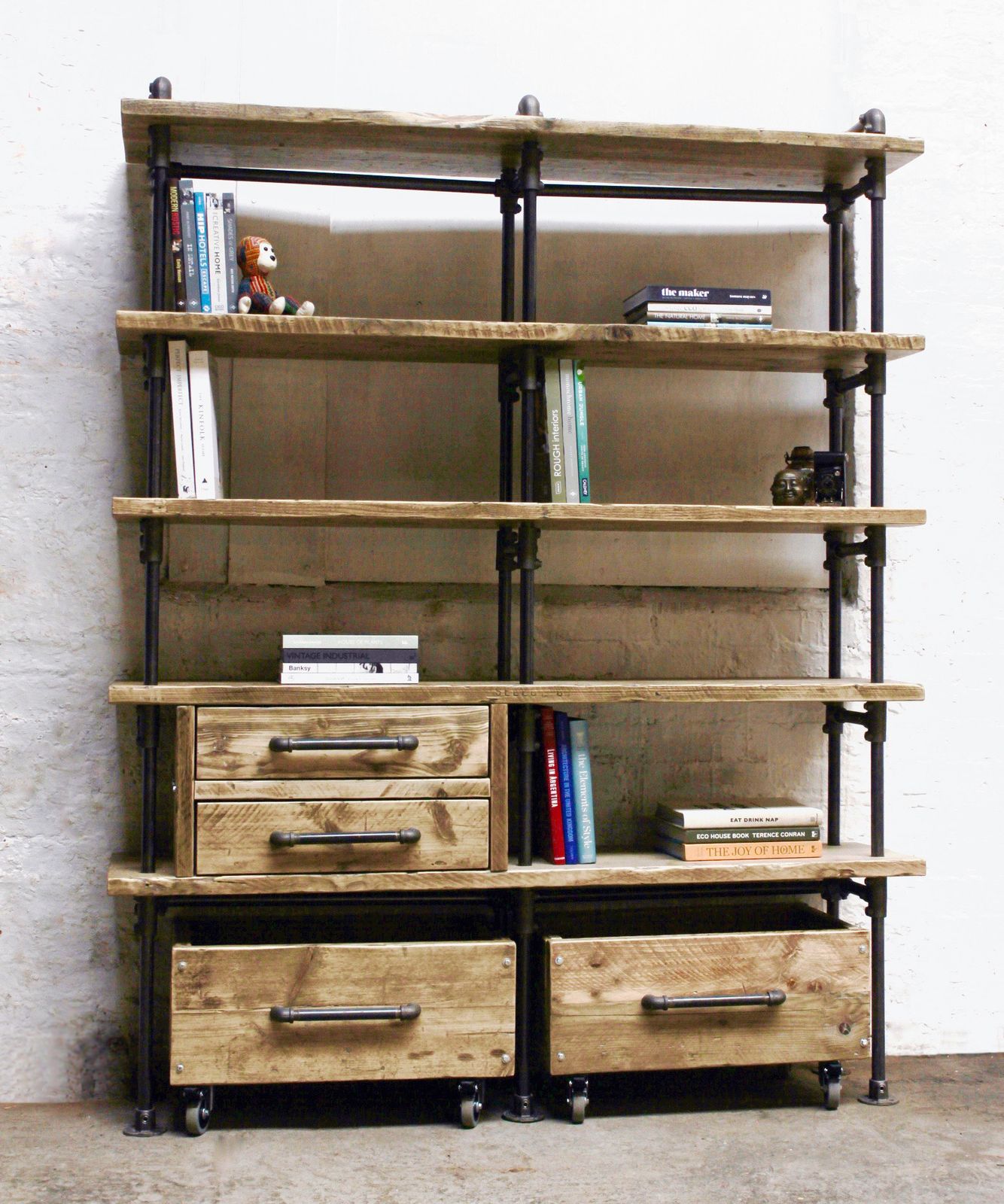 Ana Maria Clear Varnished Reclaimed Scaffolding Board And Dark Steel Pipe Bookcase With Integrated Drawer Units And Roll Out Storage Boxes