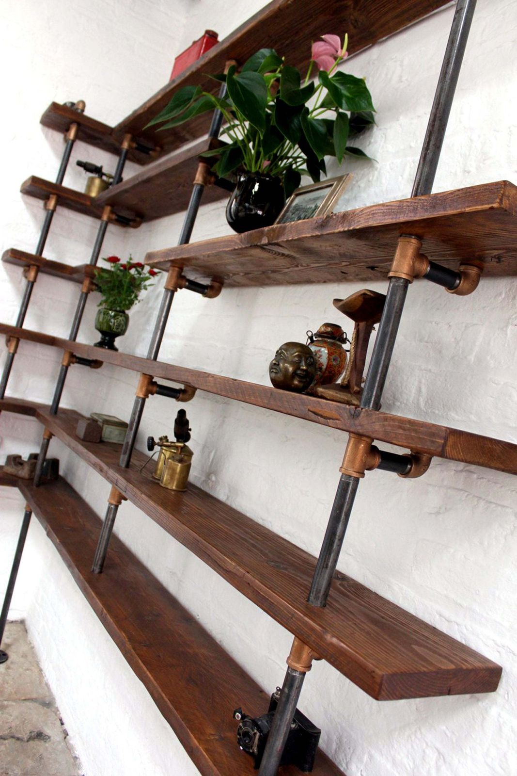 Niko Floor And Wall Mounted Mitred Corner Shelving Made With Reclaimed Scaffolding Boards, Dark Steel Pipe And Bronze Threaded Fittings