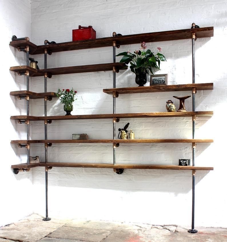 Niko Floor And Wall Mounted Mitred Corner Shelving Made With Reclaimed Scaffolding Boards, Dark Steel Pipe And Bronze Threaded Fittings photo Furniture