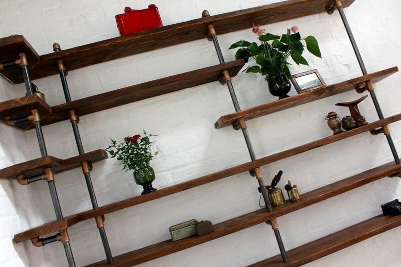 Niko Floor And Wall Mounted Mitred Corner Shelving Made With Reclaimed Scaffolding Boards, Dark Steel Pipe And Bronze Threaded Fittings photo 2795.0