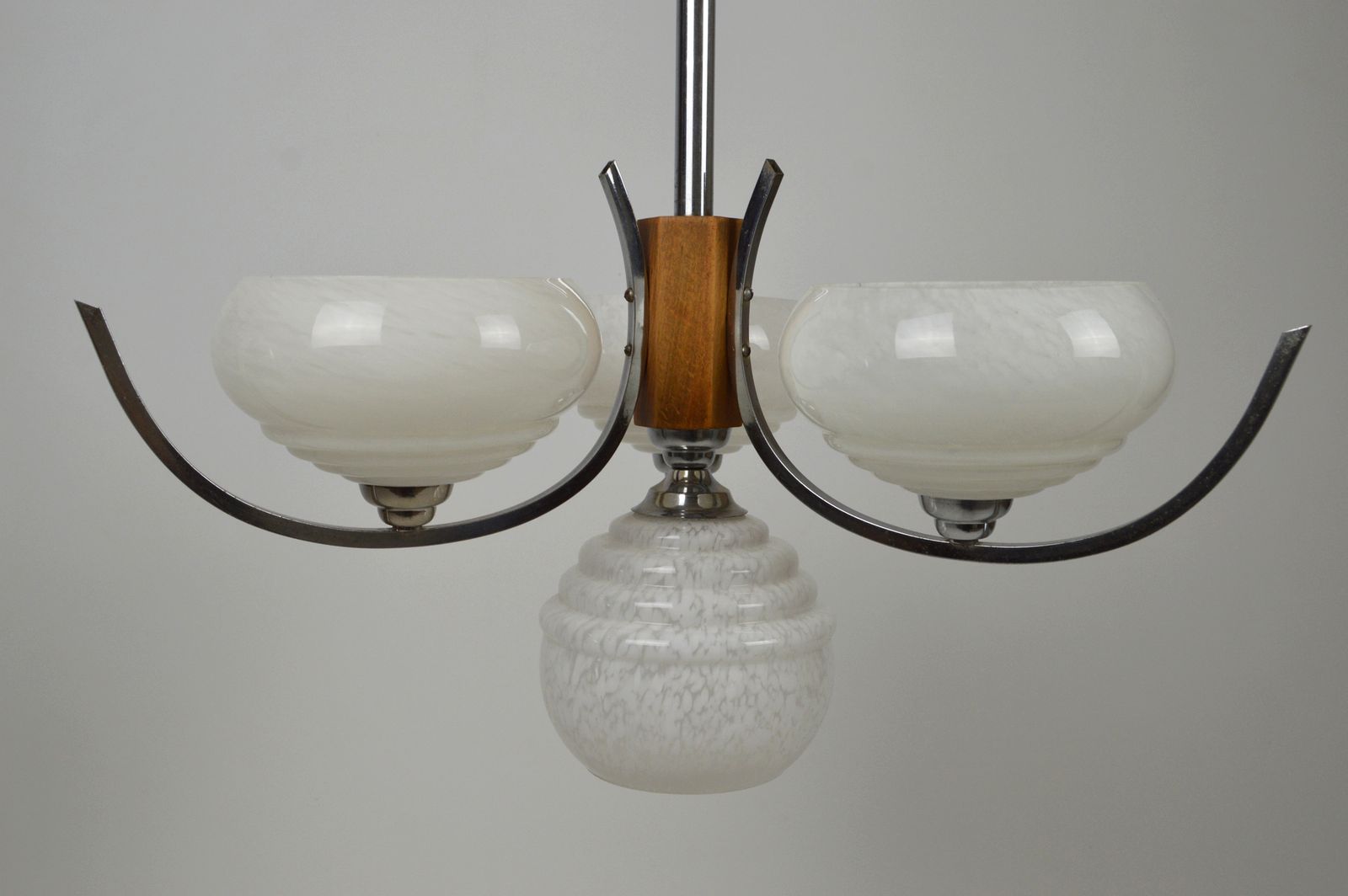 Art Deco Mid Century Modernist Chandelier, Wood & Chrome, France, Circa 1940 photo vintage