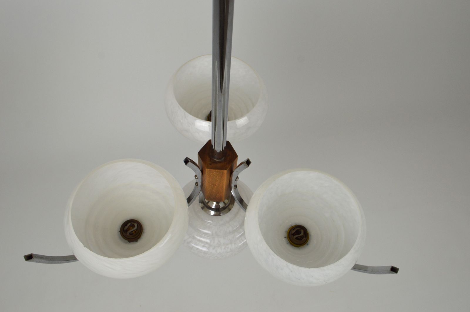 960.0 Art Deco Mid Century Modernist Chandelier, Wood & Chrome, France, Circa 1940 photo
