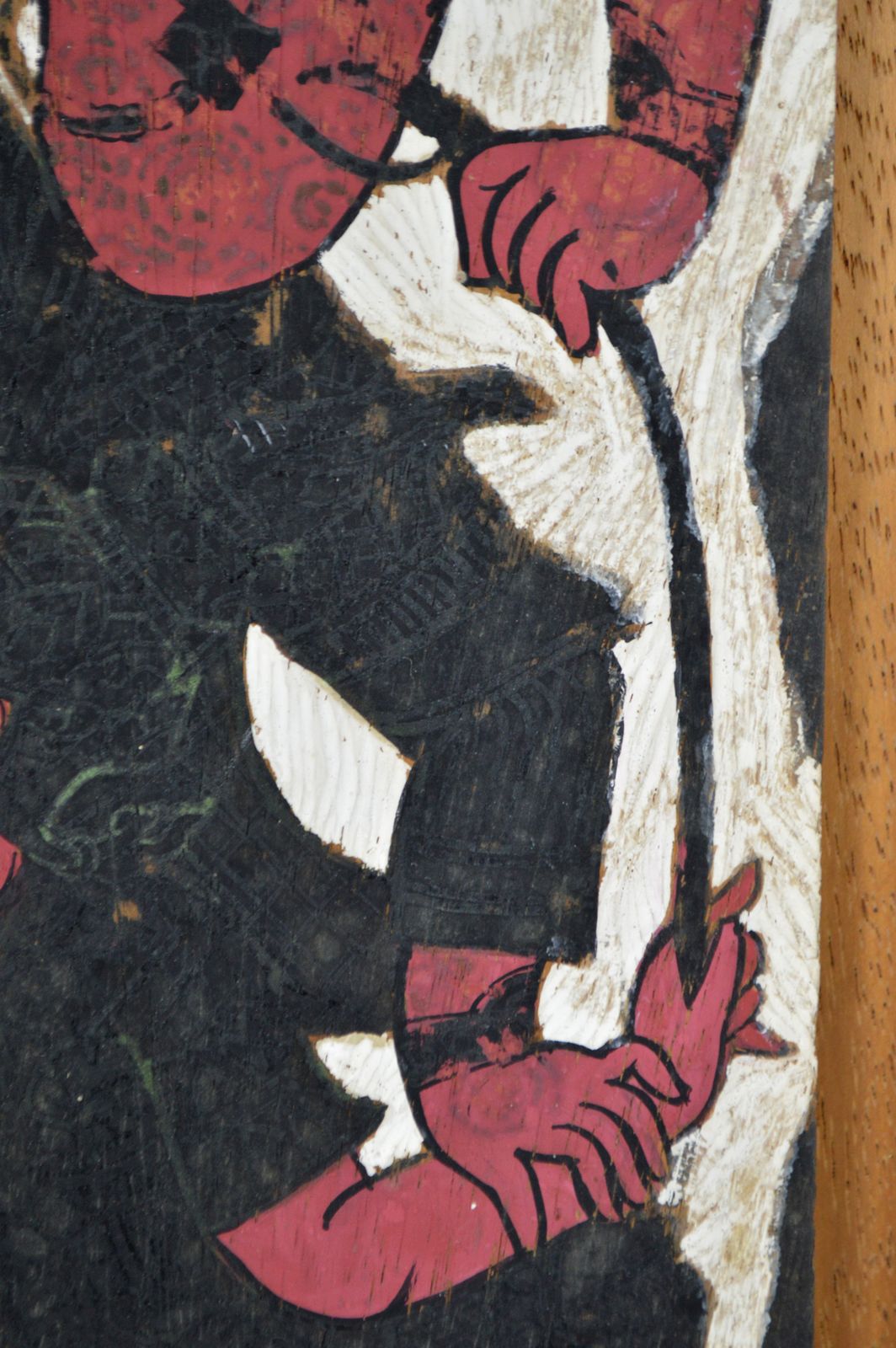 photo for sale Painted Panel, Mythological Theme, Hanuman Vs Demon By Prasit, Thailand, 1966