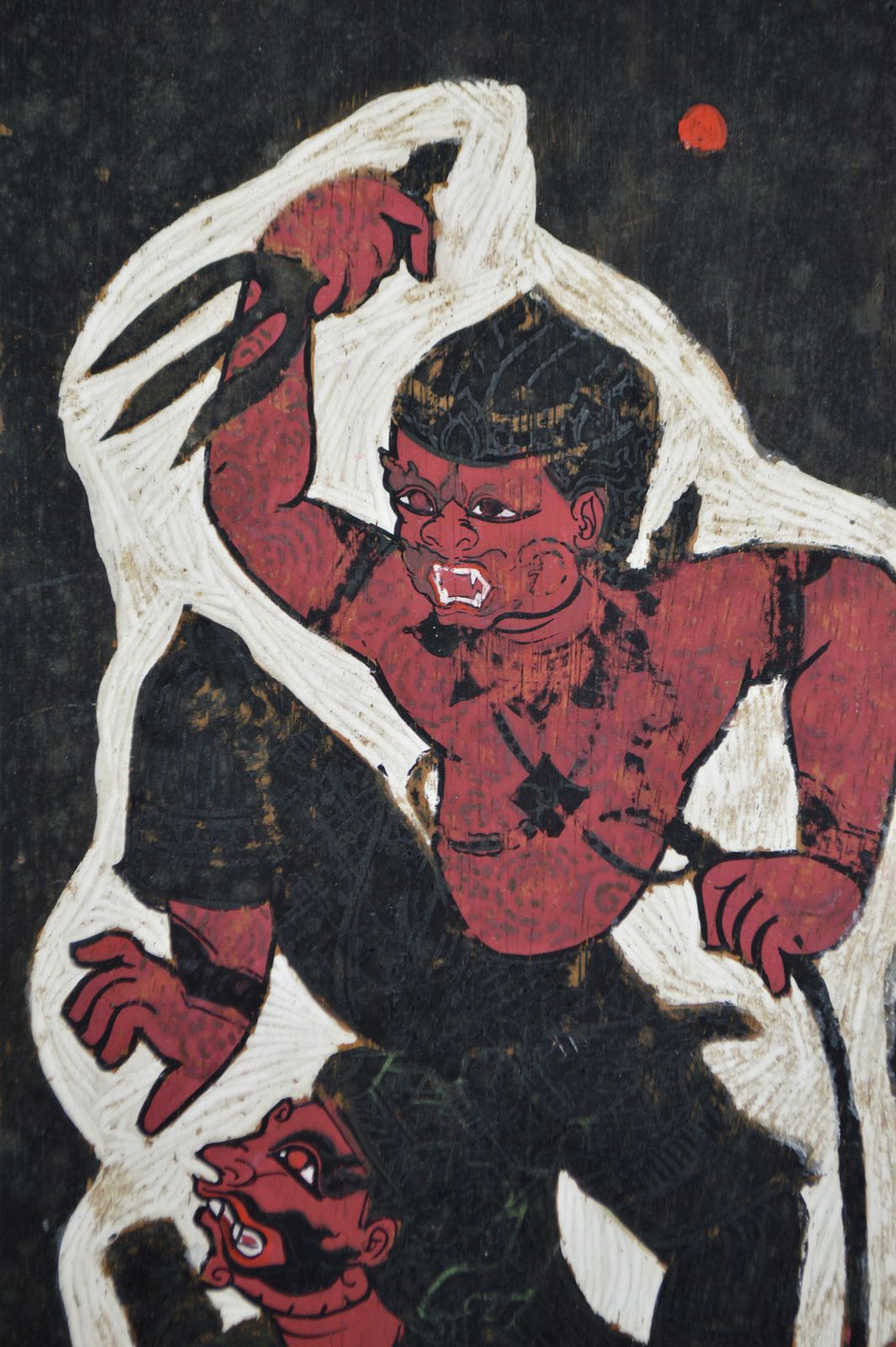 Painted Panel, Mythological Theme, Hanuman Vs Demon By Prasit, Thailand, 1966 photo vinterior