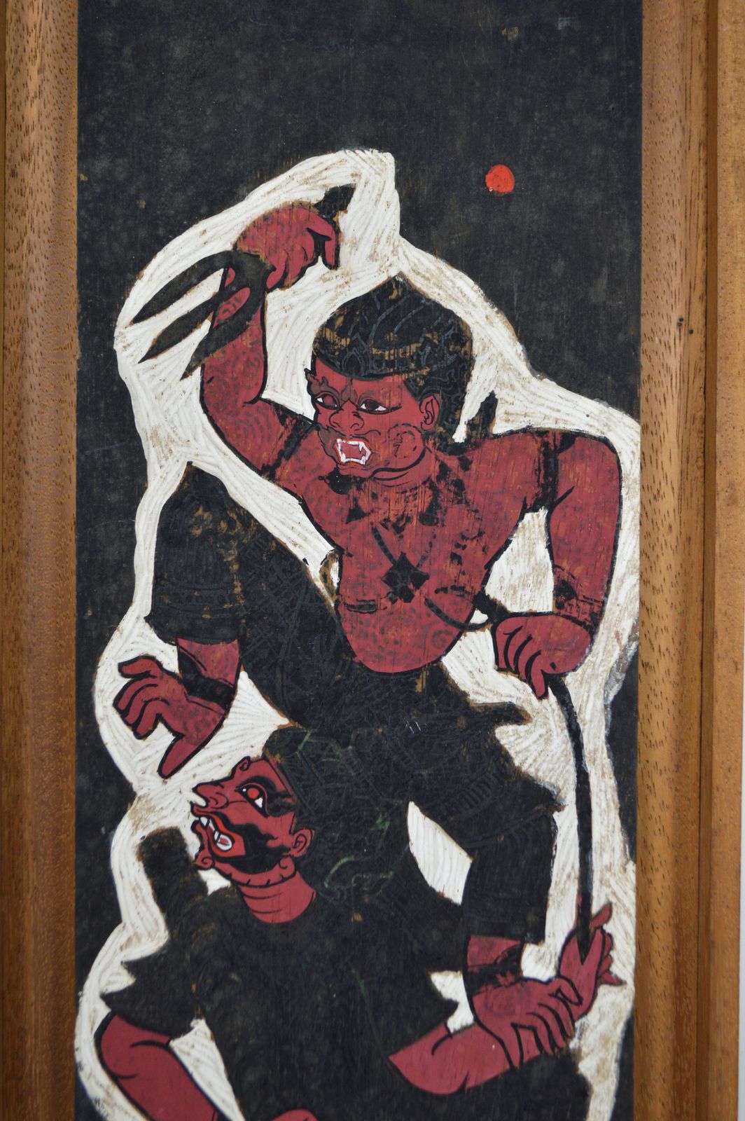 Painted Panel, Mythological Theme, Hanuman Vs Demon By Prasit, Thailand, 1966 photo Art
