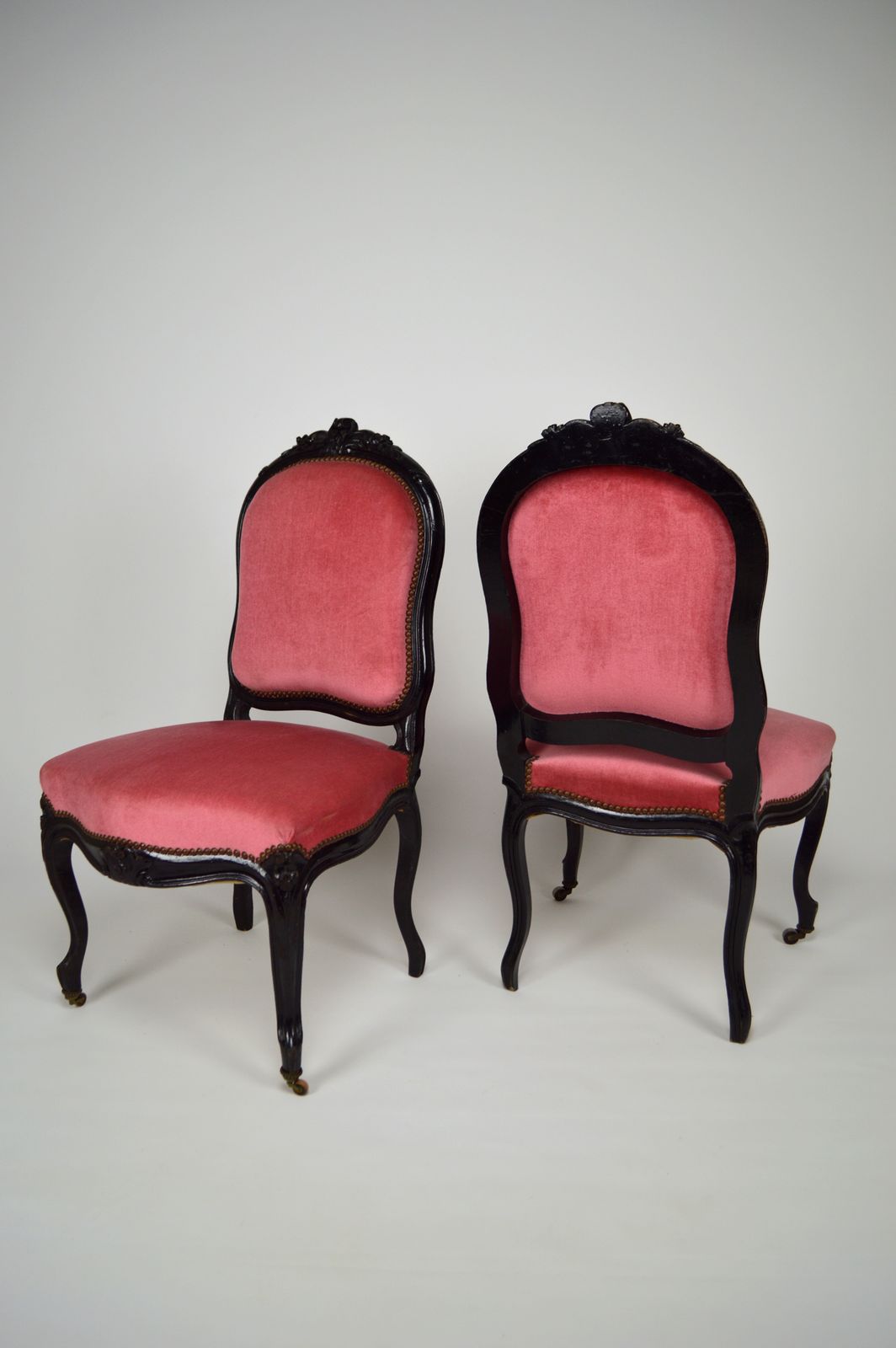 Furniture Antique Game Table And Two Chairs Set, Ebonised Wood, France, Napoleon III Style photo