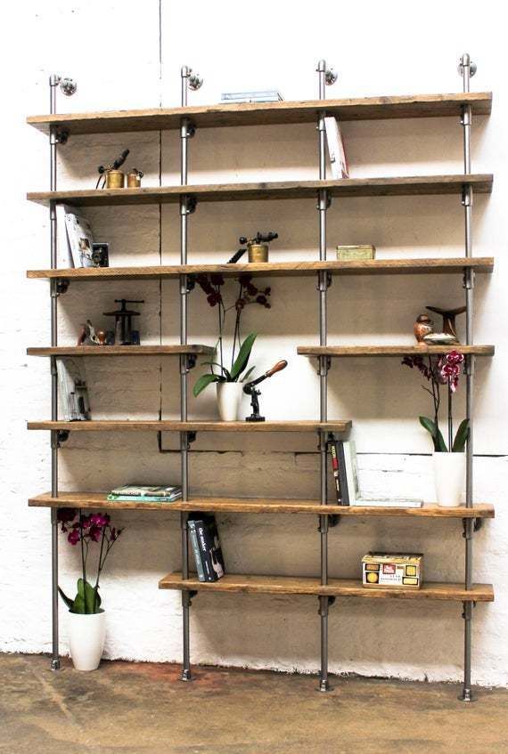Karen Bespoke Reclaimed Walnut Stained Scaffolding Boards And Polished Steel Pipe Shelving / Shelves / Bookcase photo vintage