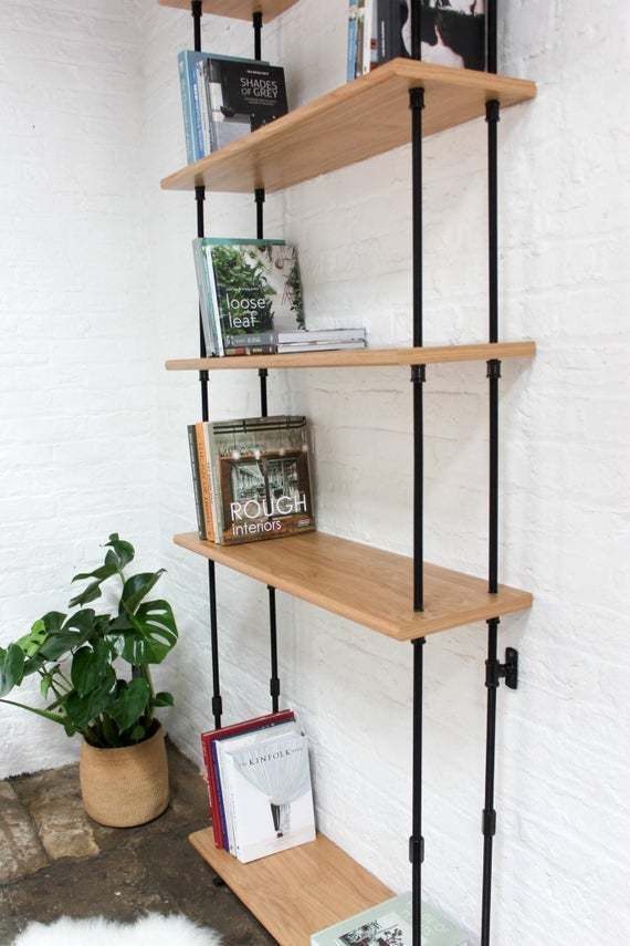 Furniture Ben Bespoke Bookcase With Oak Veneer Shelves And Gloss Matt Powder Coated Threaded Steel Vertical Uprights And Collar Supports photo