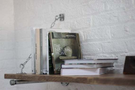 Susie Reclaimed Scaffolding Board Shelf With Galvanised Steel Pipe Wall Brackets And Supporting Chains   Made To Order Industrial Furniture photo vinterior