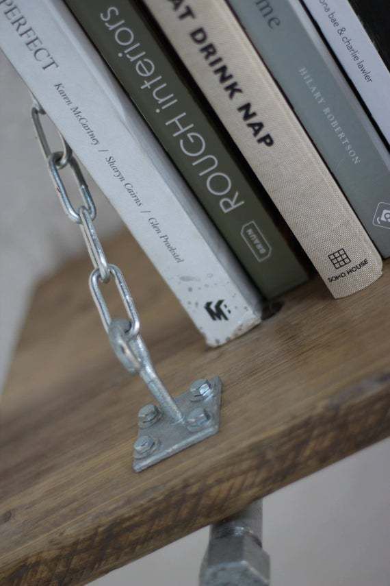 Susie Reclaimed Scaffolding Board Shelf With Galvanised Steel Pipe Wall Brackets And Supporting Chains   Made To Order Industrial Furniture photo buy