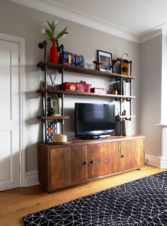Claudia Reclaimed Chestnut Stained Scaffolding Board And Steel Pipe Shelving Unit With Cupboards photo 2395.0