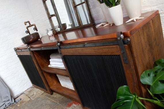 Kristen Patinated Copper Topped Reclaimed Scaffolding Board And Sliding Steel Inlaid Doors Bathroom Unit With Industrial Sink And Mixer Tap