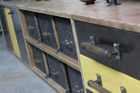 Imogen Reclaimed Scaffolding And Osb Board Media Unit With Vintage Filing Cabinet And Ladder Rung Components   Bespoke Industrial Furniture photo for sale