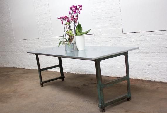 Saunders Industrial Zinc Topped Table With Vintage Reclaimed Metal Workers Workbench Legs   Made To Measure Furniture photo buy