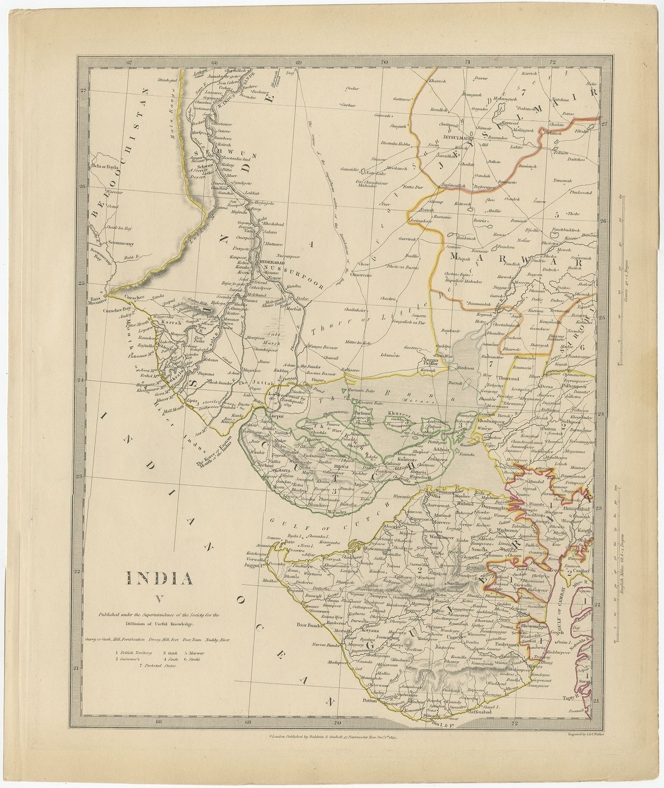 Pl. 5 Antique Map Of The Region Of Gujarat And Cutch By Walker (1833)