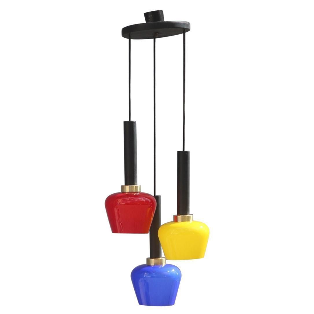 Chandelier Pendant Brass Italian Design Vistosi 1950 Black, Yellow, Blu, Red