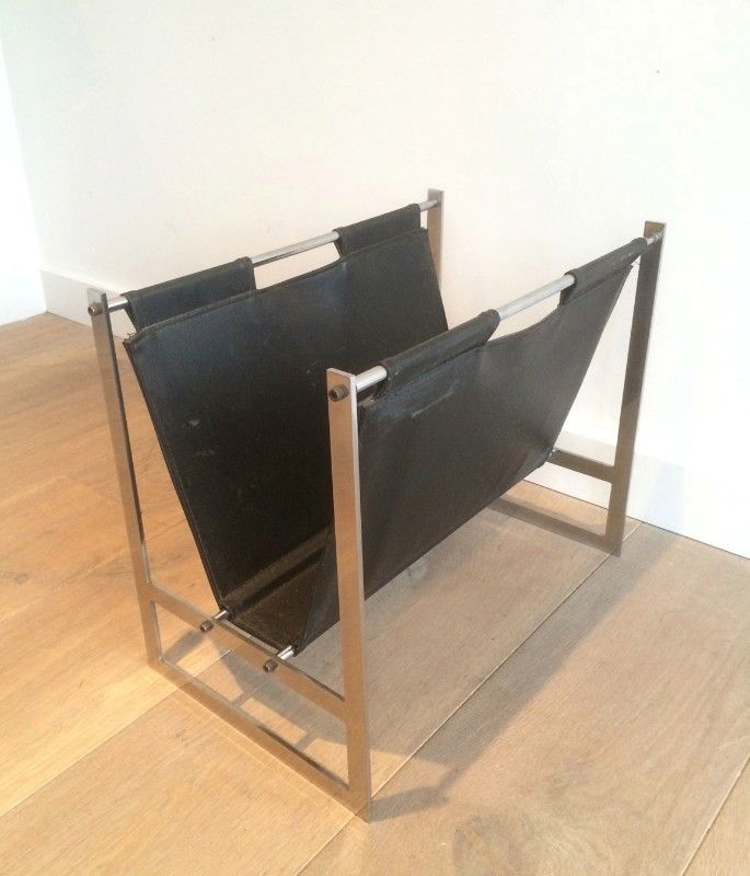 In The Style Of Poul Kjaerholm. Interesting Brished Steel And Leather Magazine Rack. Circa 1950 photo Home Decor