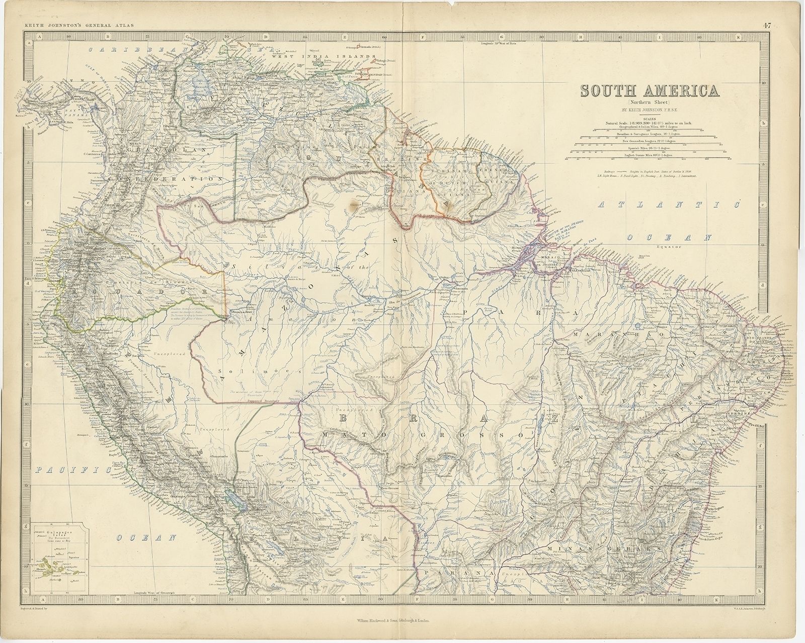 Antique Map Of South America By Johnston (1861)