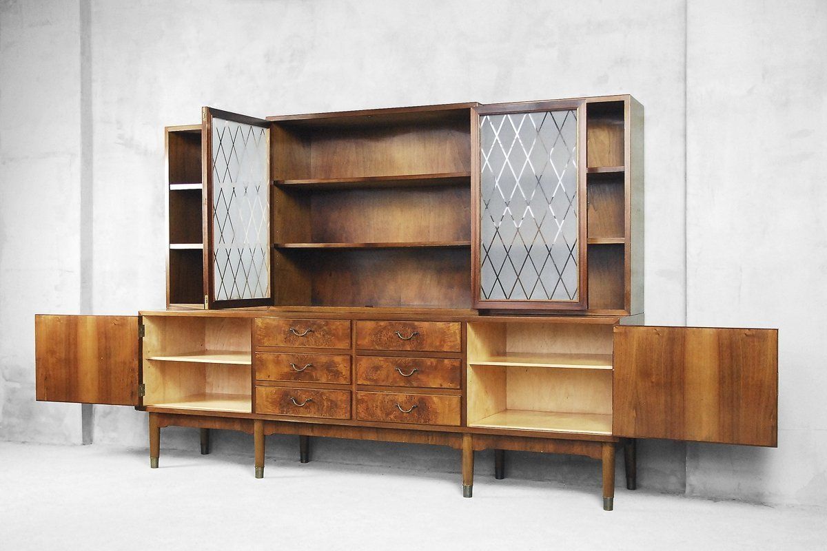 Antique Walnut And Burl Swedish Buffet With Glass Vitrine, 1940s photo Furniture