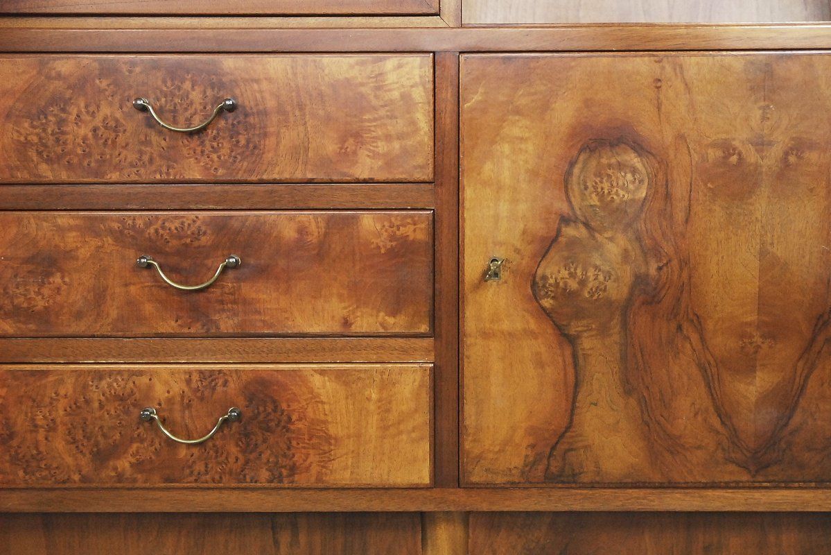photo for sale Antique Walnut And Burl Swedish Buffet With Glass Vitrine, 1940s