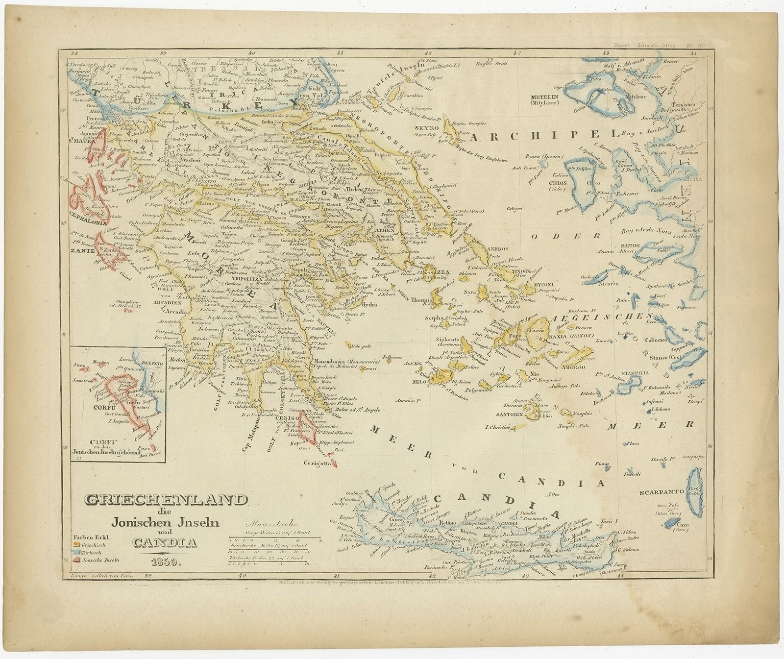 Antique Map Of Greece And The Ionian Islands By Meyer (1852)
