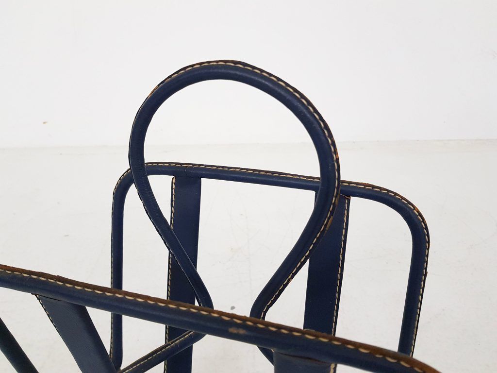Mid Century Magazine Stand By Jacques Adnet Stitched Blue Leather, France, 1950s photo 5391.360000000001