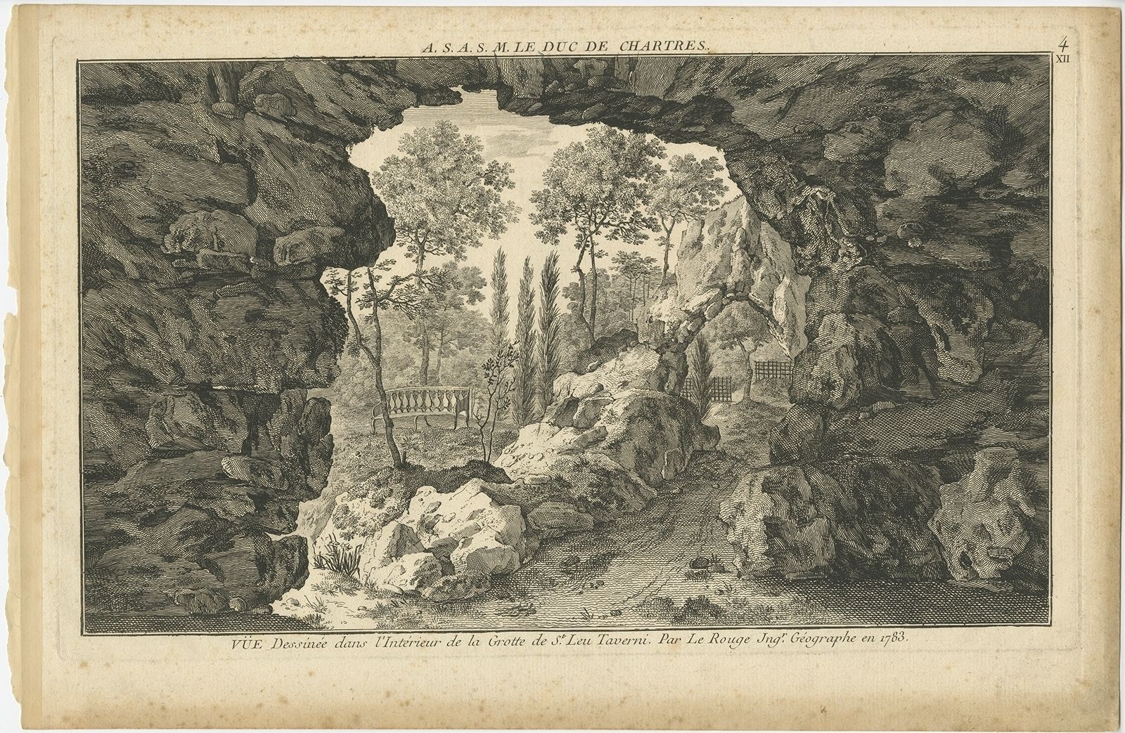 Pl. 4 Antique Print Of A Cave In Saint Leu Taverny By Le Rouge (C.1785)