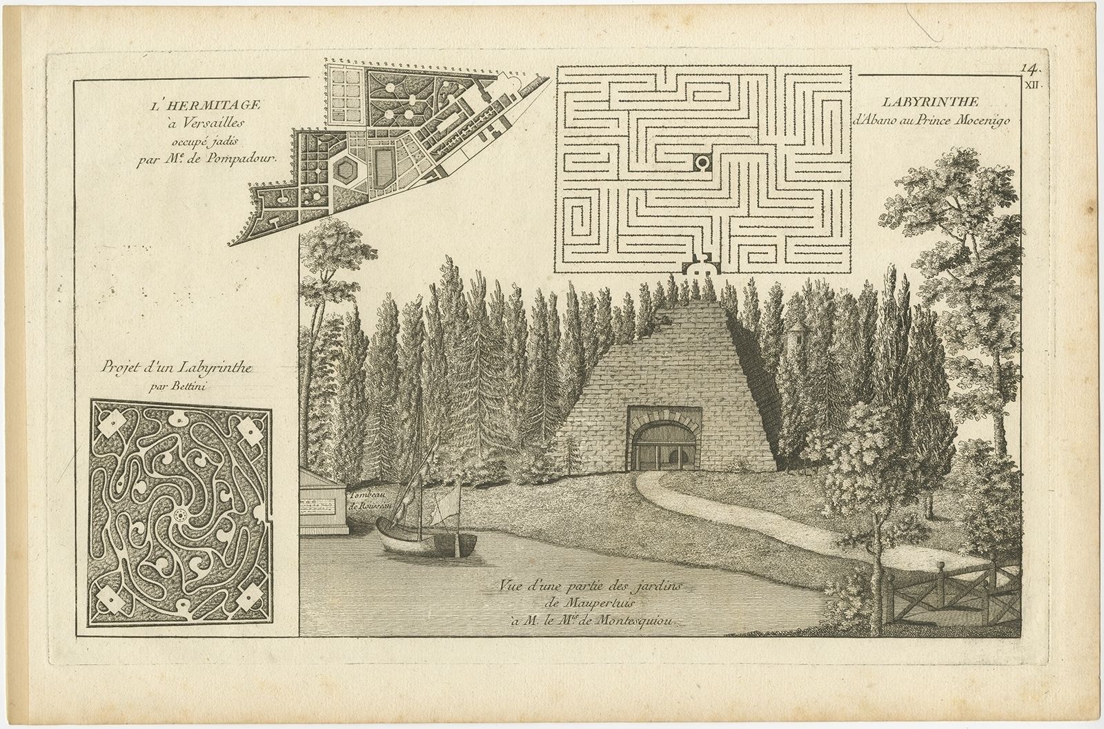 Pl. 14 Antique Print Of Labyrinth And The Hermitage Of Versailles By Le Rouge (1776)