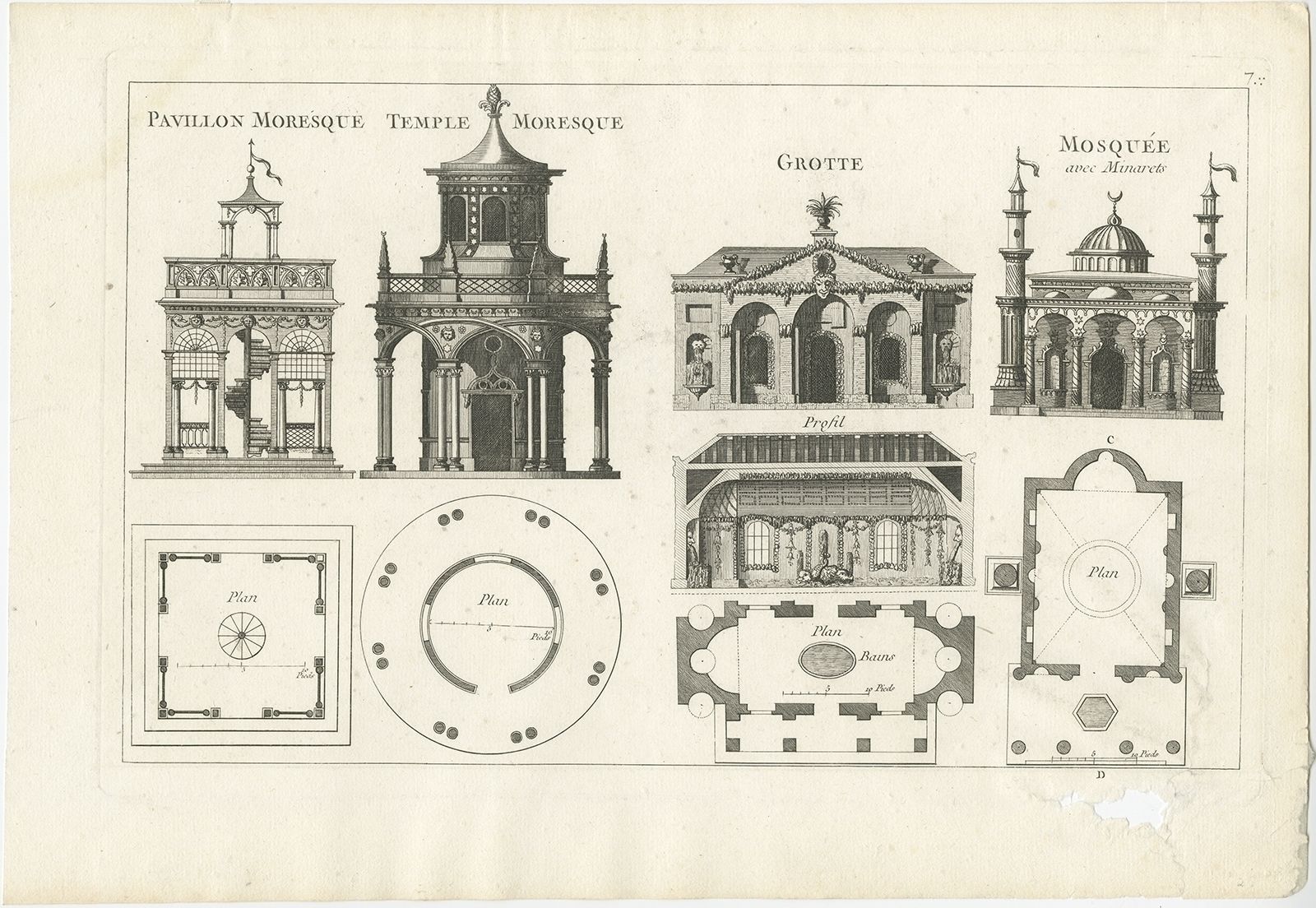 Pl. 7 Antique Print Of Moorish Garden Elements By Le Rouge (1776)