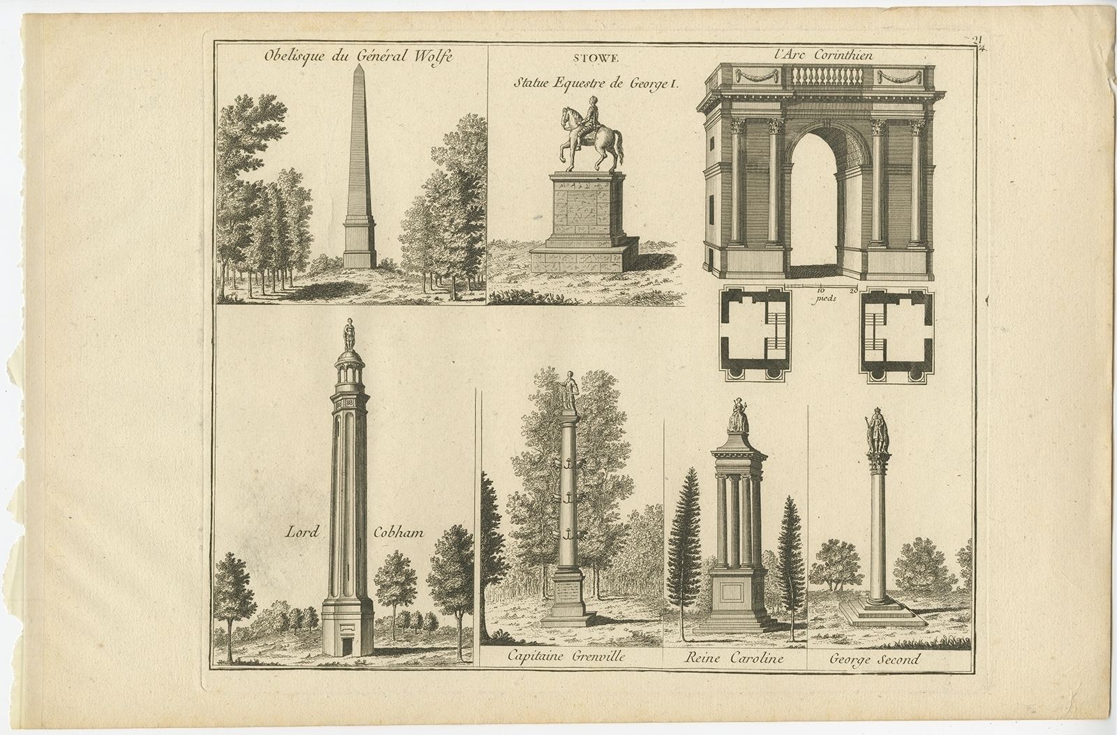 Pl. 21 Antique Print Of Various Elements Of Stowe Park By Le Rouge (C.1785)