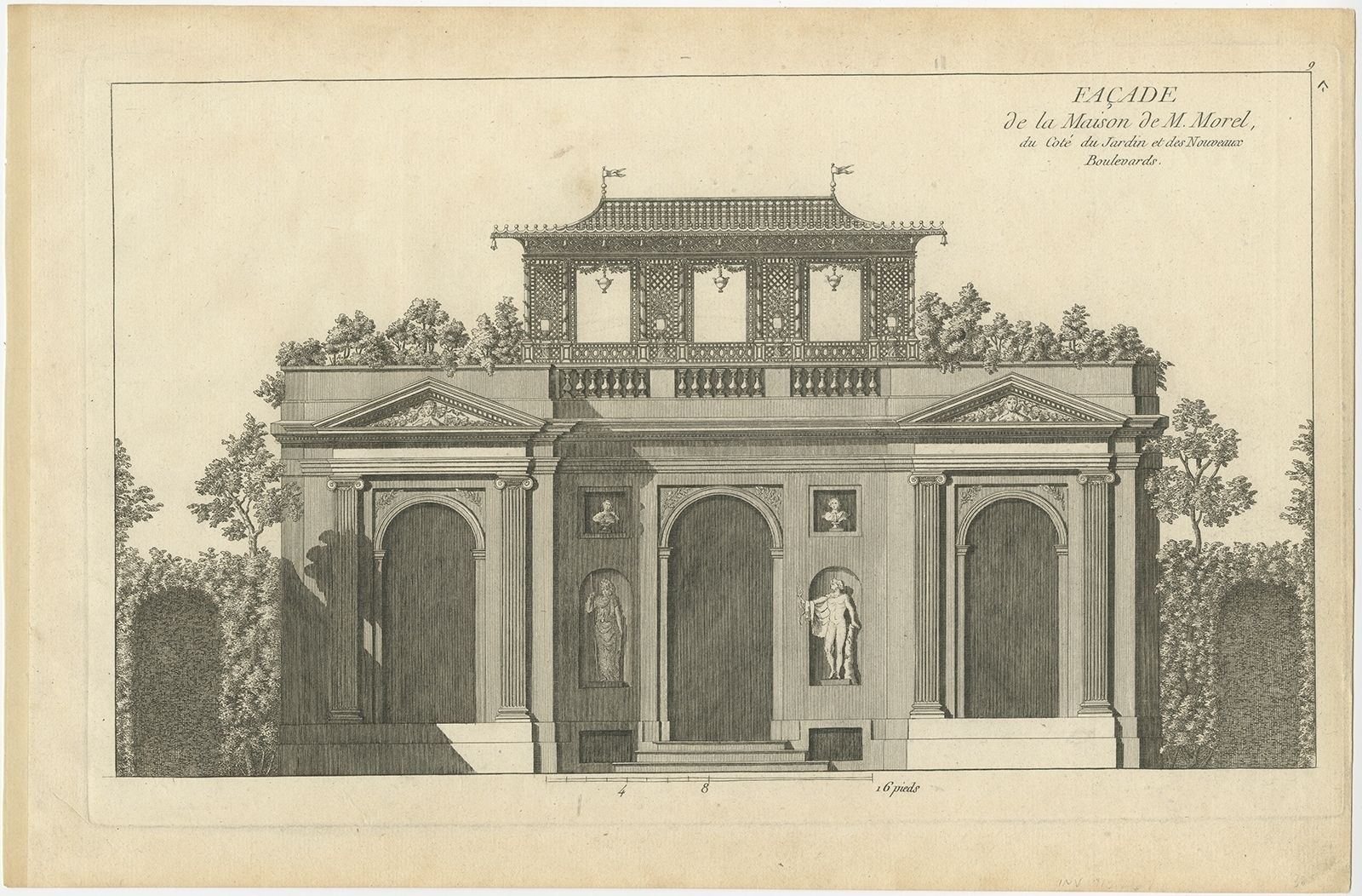 Pl. 9 Antique Print Of The House Of M. Morel By Le Rouge (C.1785)