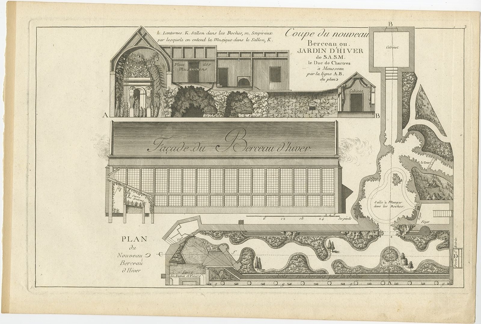 Pl. 3 Antique Print Of A Winter Garden By Le Rouge (C.1785)