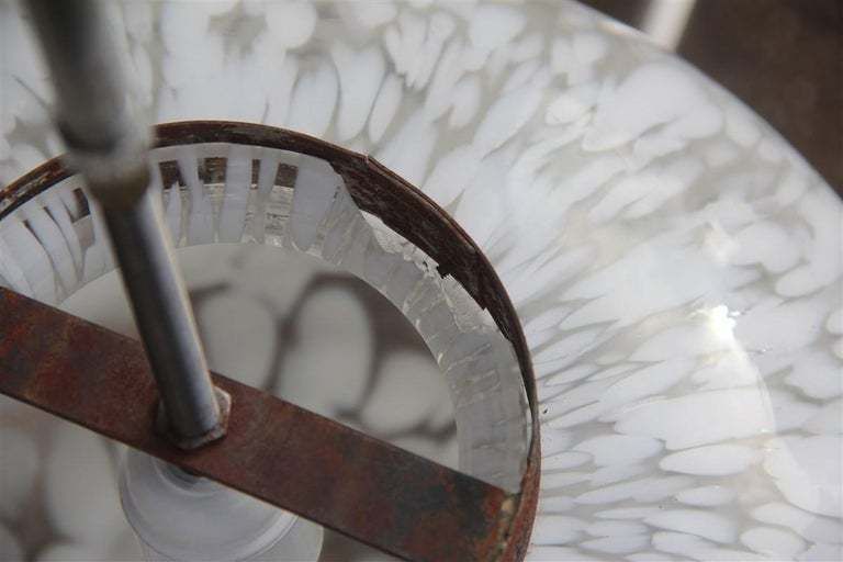 photo for sale Round Midcentury Italian Design Chandelier Aluminum Murano White Glass, 1960