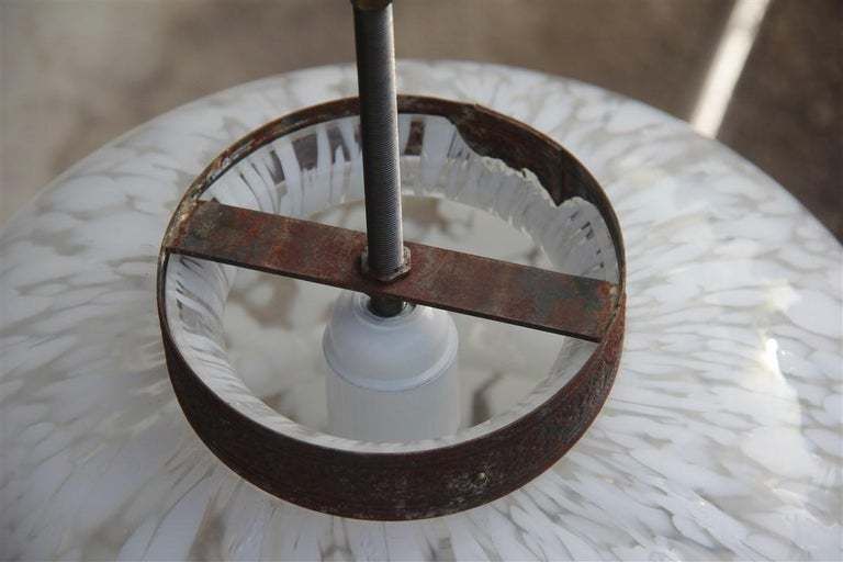 Lighting Round Midcentury Italian Design Chandelier Aluminum Murano White Glass, 1960 photo
