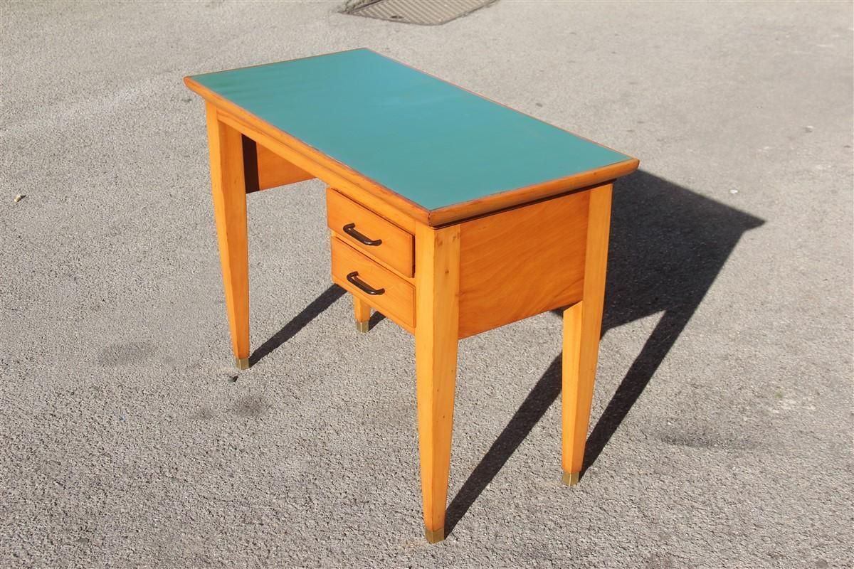 Mid Century Small Desk In Beech Wood With Green Laminate Top Brass Foot photo 1946.0