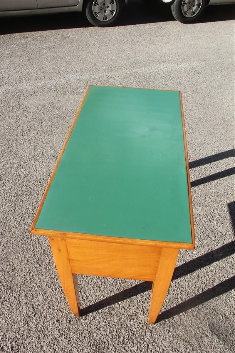 Mid Century Small Desk In Beech Wood With Green Laminate Top Brass Foot photo buy