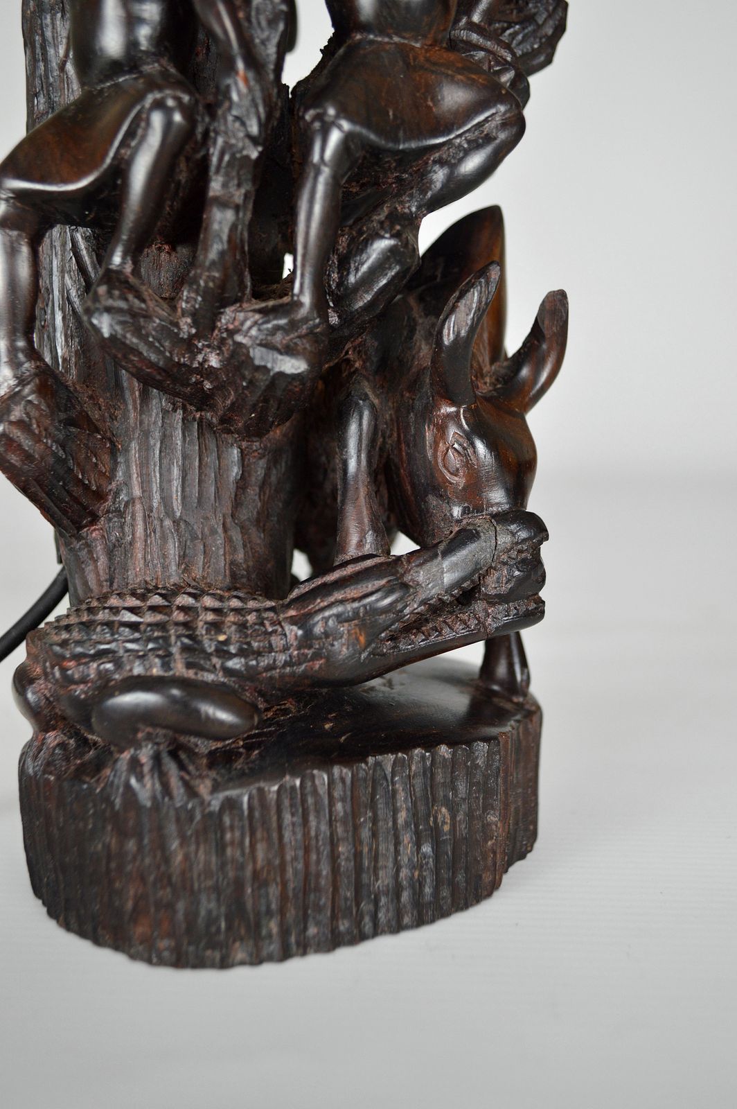 African Carved Ebony Wood Sculpture / Lamp, "Hunters, Buffalo And Crocodile" photo furniture