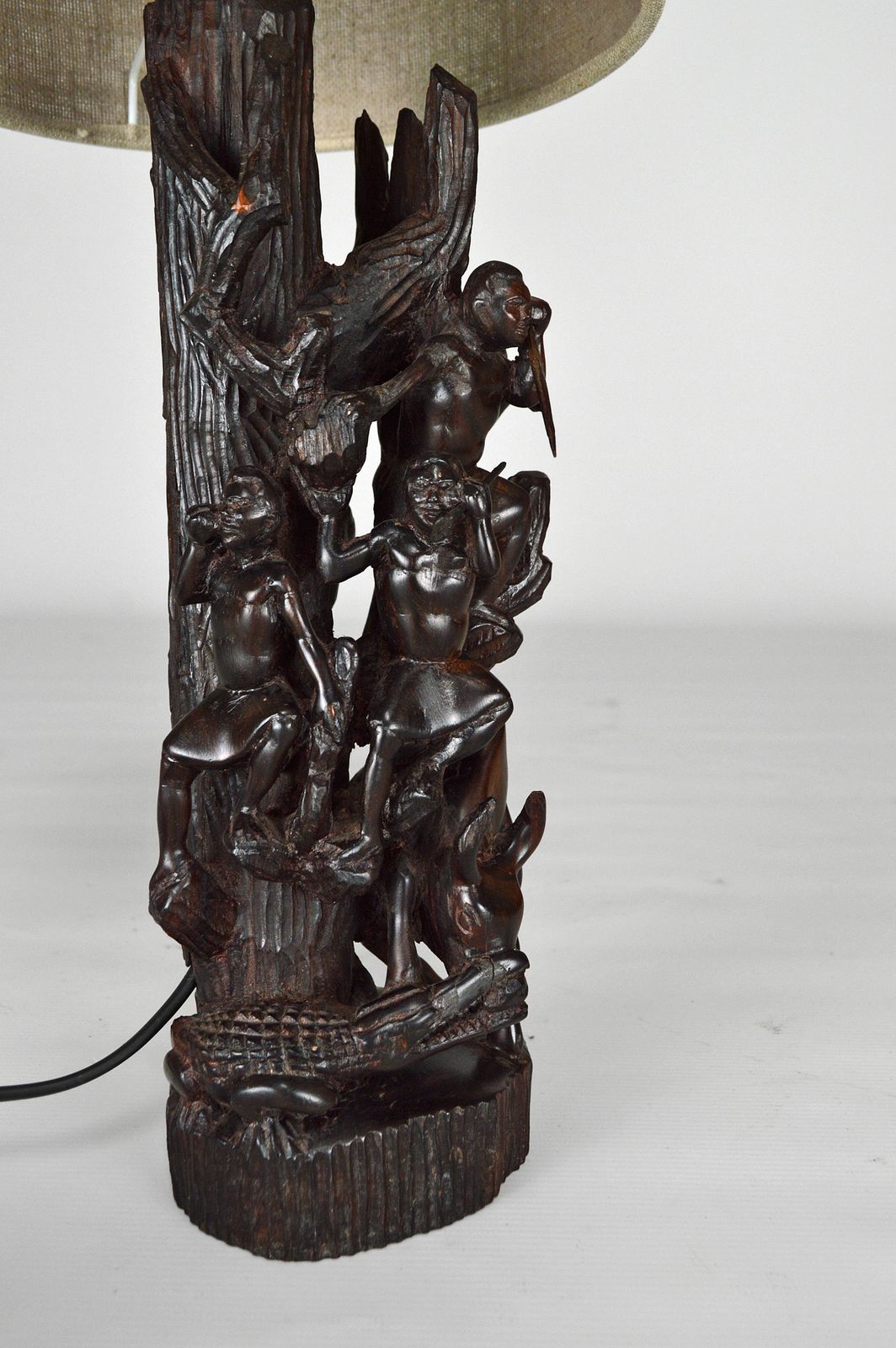 African Carved Ebony Wood Sculpture / Lamp, "Hunters, Buffalo And Crocodile" photo Lighting