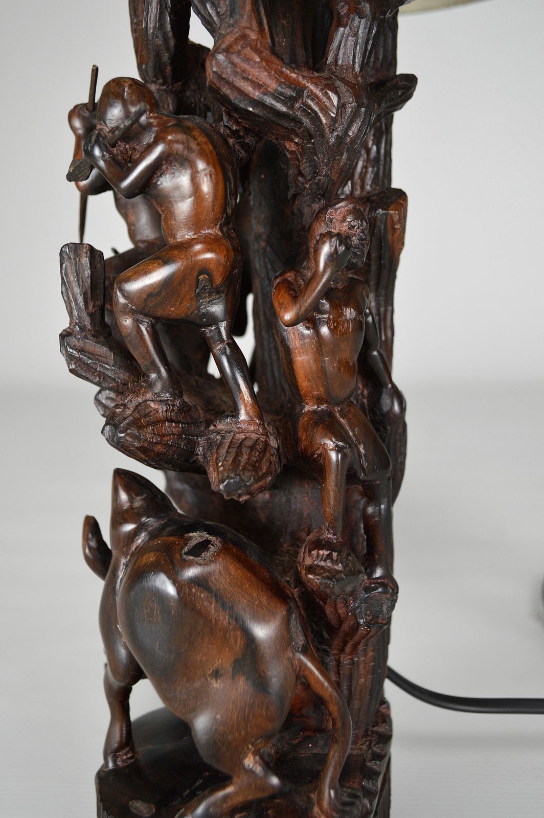 photo for sale African Carved Ebony Wood Sculpture / Lamp, "Hunters, Buffalo And Crocodile"