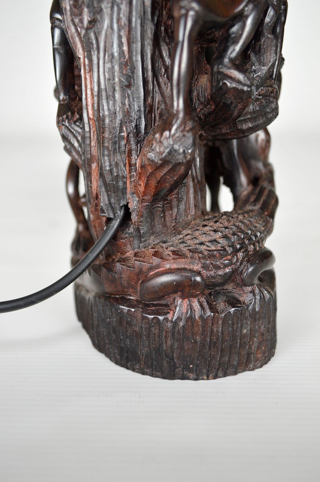 photo buy African Carved Ebony Wood Sculpture / Lamp, "Hunters, Buffalo And Crocodile"