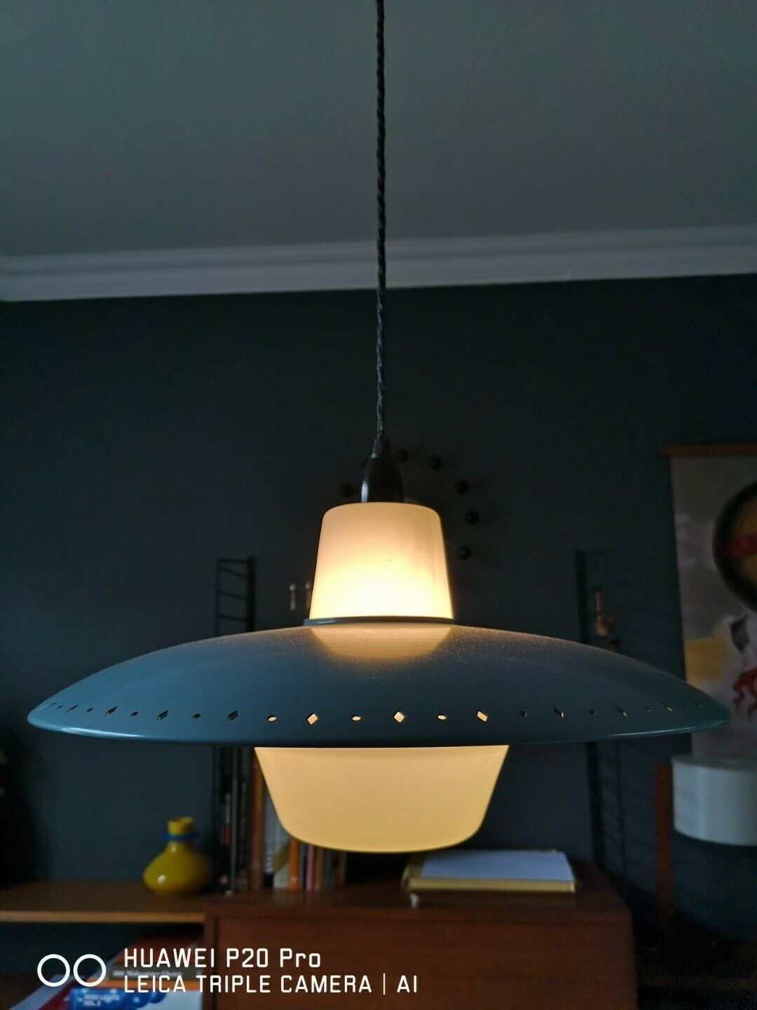 Original Vintage Retro 1950s Metal And Opal Glass Pendant Ufo Light Philips photo for sale