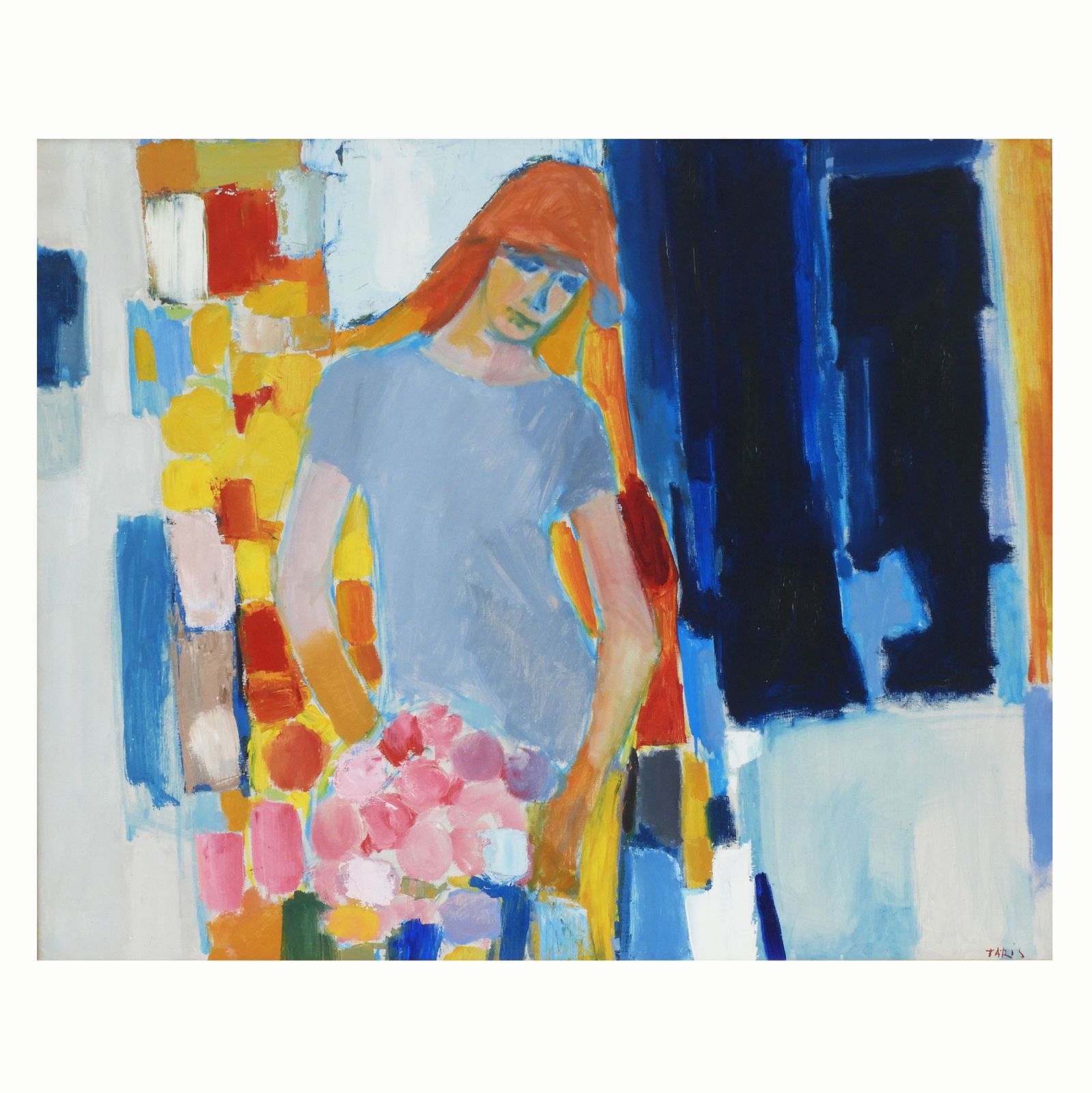 Large Mid Century Painting Portrait Of A Young Woman C1960 Acrylic On Canvas