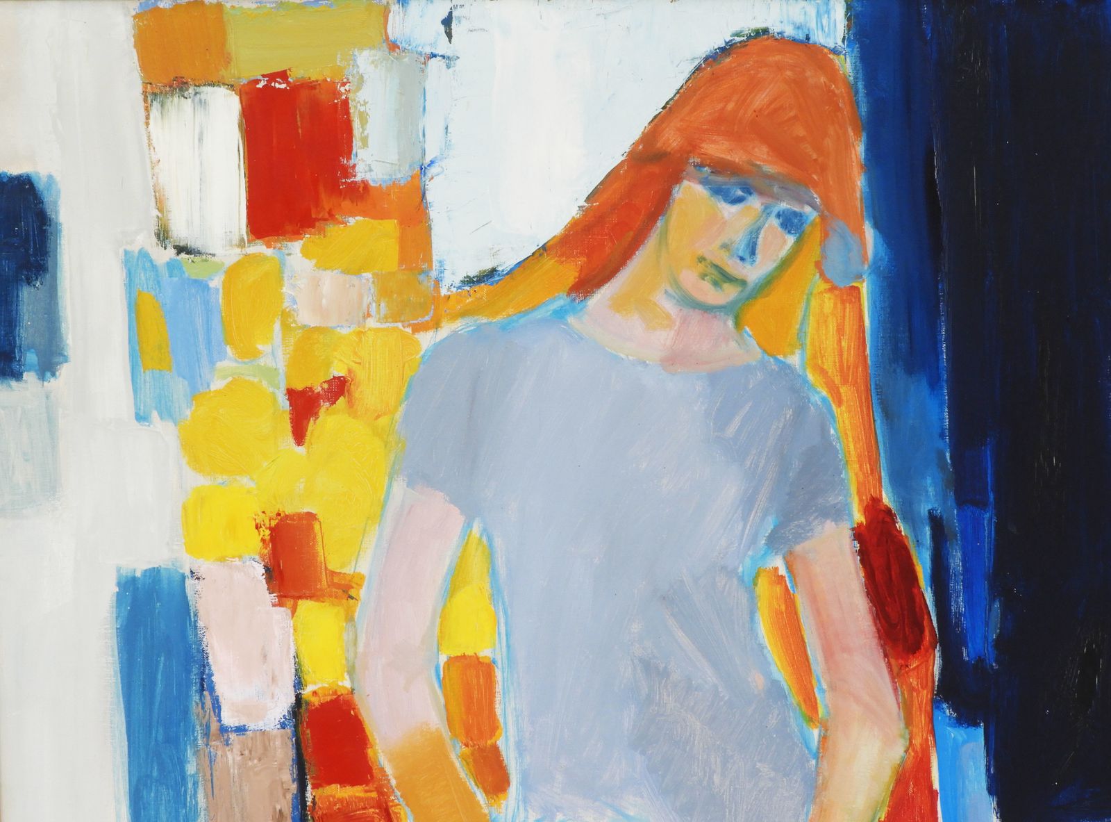 photo for sale Large Mid Century Painting Portrait Of A Young Woman C1960 Acrylic On Canvas