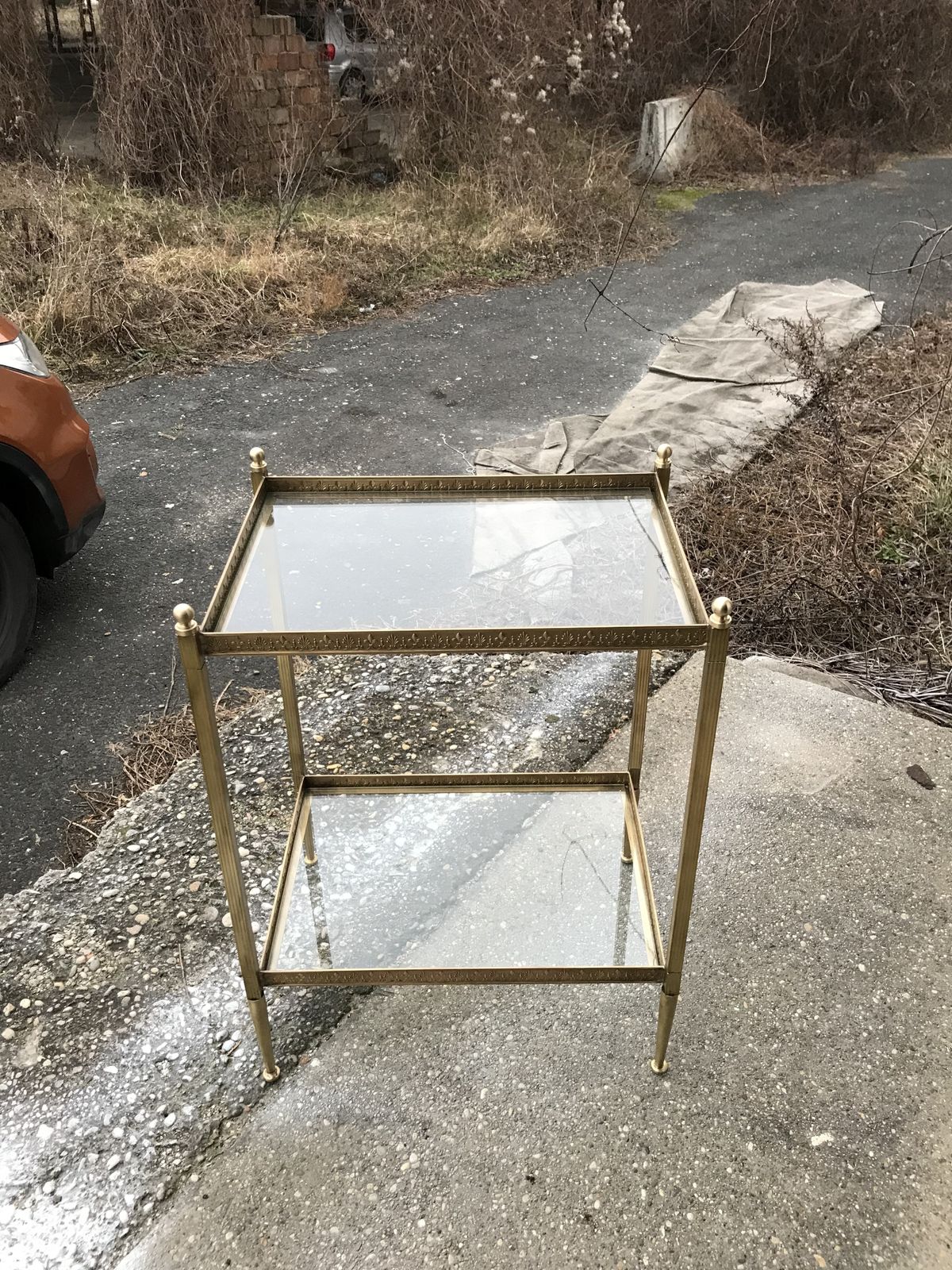 French Neoclassical Brass Side Table With Glass Shelves Circa 1950 In The Style Of Maison Jansen photo vinterior