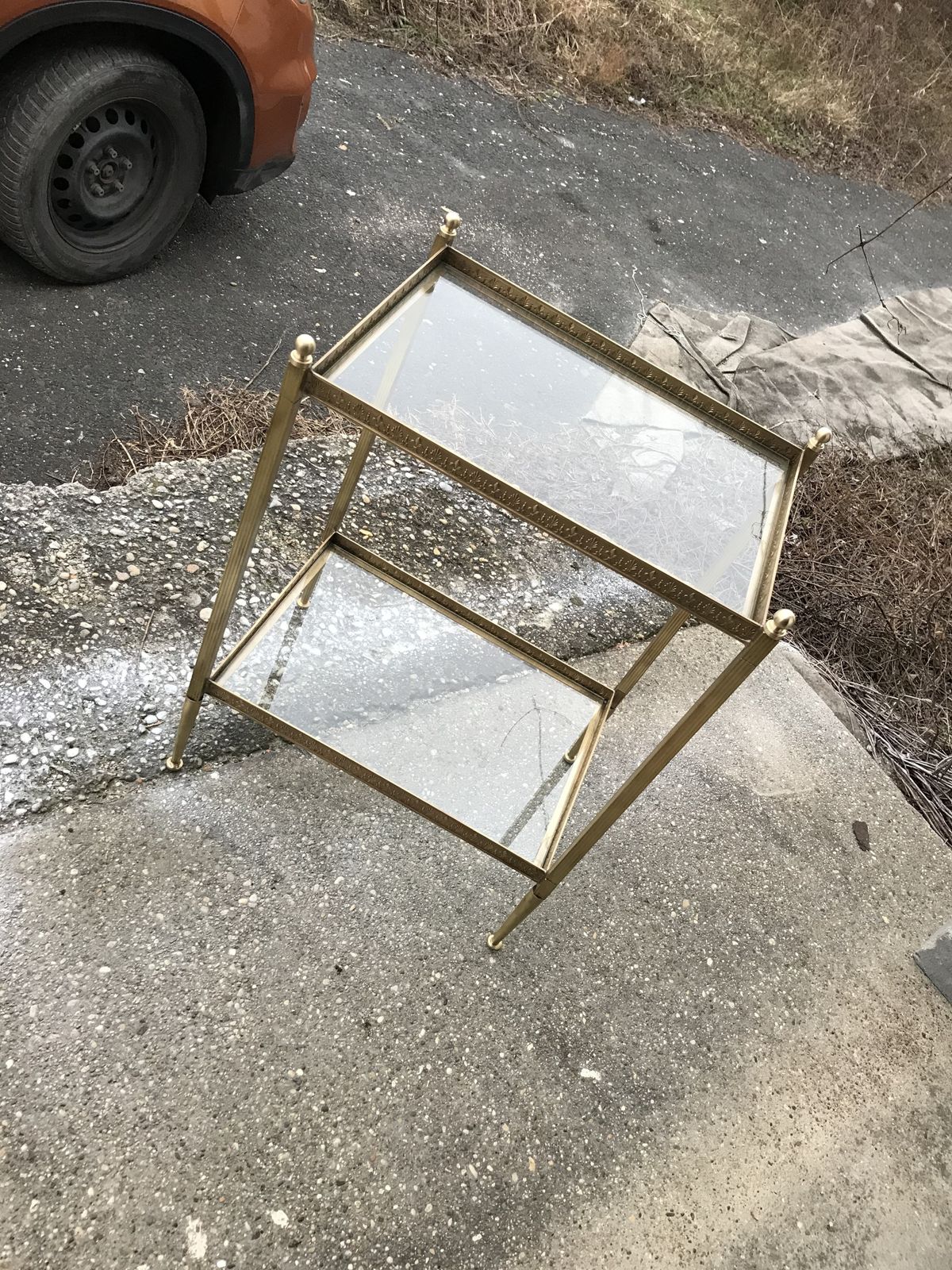 Furniture French Neoclassical Brass Side Table With Glass Shelves Circa 1950 In The Style Of Maison Jansen photo